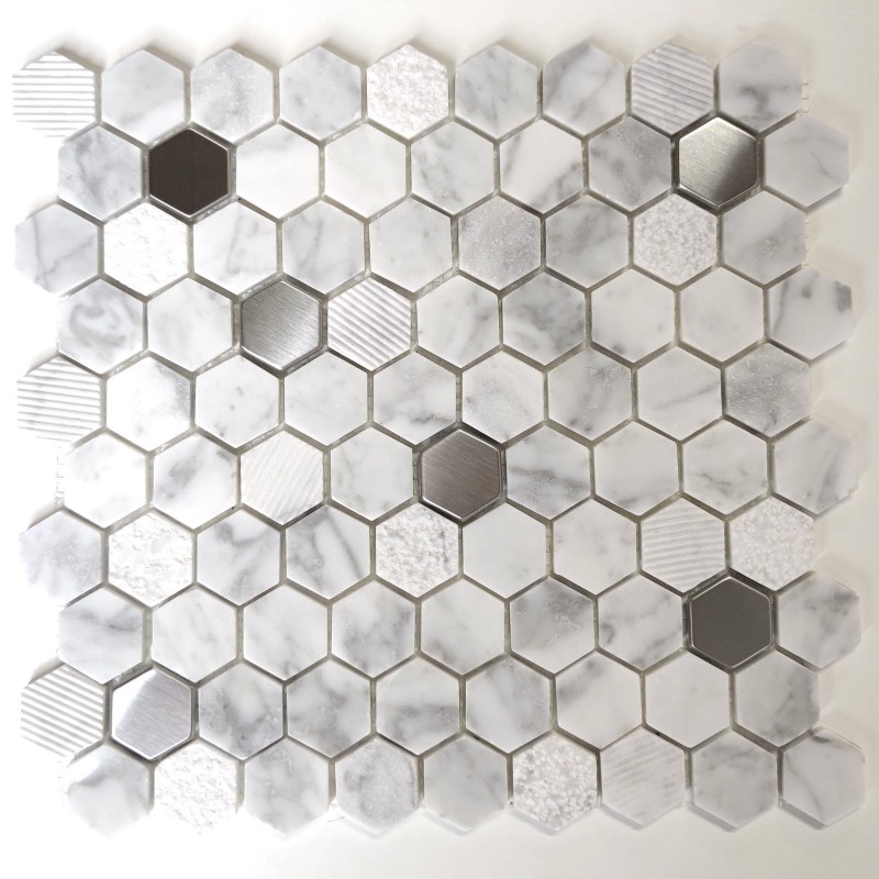 mosaico de mármol y metal para la ducha del baño Bellona Blanc