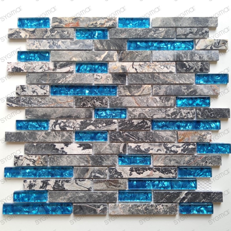mosaico de mármol gris y vidrio azul para pared modelo Olof Bleu