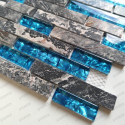 Mosaique mabre gris et verre bleu pour mur modele OLOF BLEU