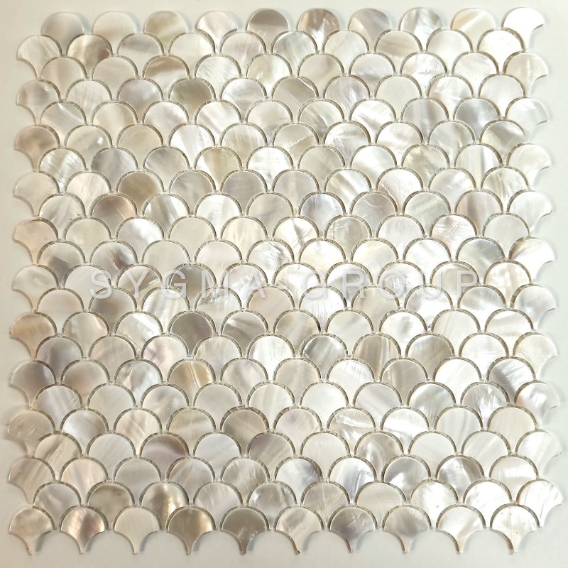 Close-up of Silene Blanc Mother-of-Pearl mosaic sheet, showing perfect iridescence for luxury bathroom floor and wall tile.