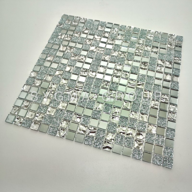 Full sheet of bathroom wall tile mosaic in silver mirror glass