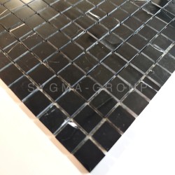 Black marble mosaic tile sheet, polished finish with thin white veins.