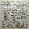 Sheet of mother of pearl bathroom mosaic, staggered brick pattern for iridescent wall covering.