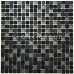 Full sheet of Kymoon mosaic tile in Black and Gray Glass and Stone mix, ideal for shower walls and Bathroom Tiles.