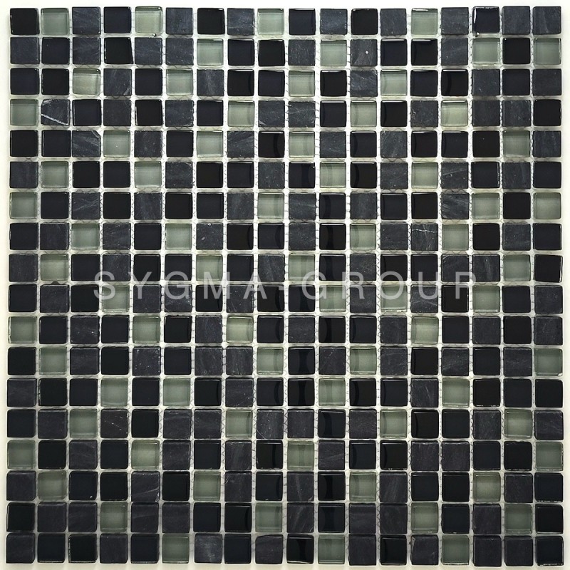 Azulejo mosaico Kymoon en mezcla de Vidrio y Piedra Negro y Gris, ideal para paredes de ducha y Azulejos para Baño.