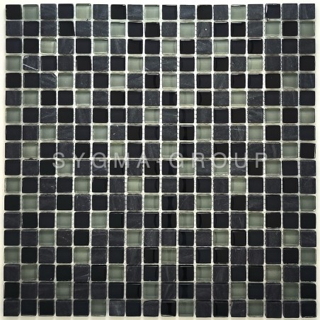 Azulejo mosaico Kymoon en mezcla de Vidrio y Piedra Negro y Gris, ideal para paredes de ducha y Azulejos para Baño.