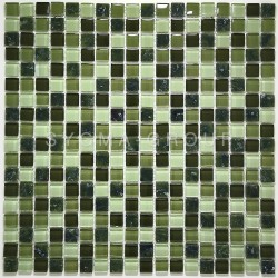 Full wall covering: Green glass and stone mosaic shower tile for bathroom. High-end and durable design solution.