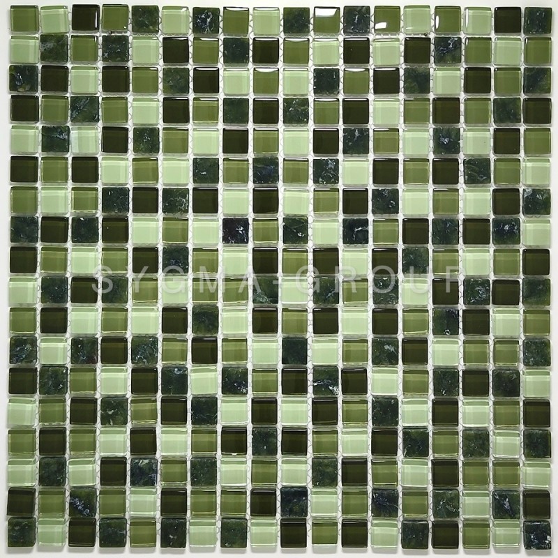 Full wall covering: Green glass and stone mosaic shower tile for bathroom. High-end and durable design solution.