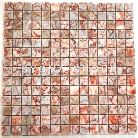 Red and white natural marble bathroom tile sheet, mosaic pattern.