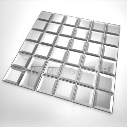 Plaque de carrelage cuisine crédence Meghan en verre miroir biseauté, montrant l'effet de profondeur et de prisme de lumière.